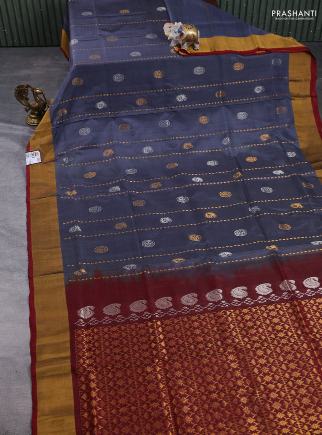 Pure uppada silk saree grey and maroon with allover silver & gold zari woven buttas and zari woven border