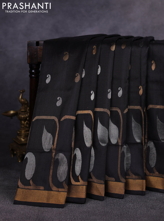 Pure uppada silk saree black with allover silver & gold zari woven paisley buttas and zari woven border