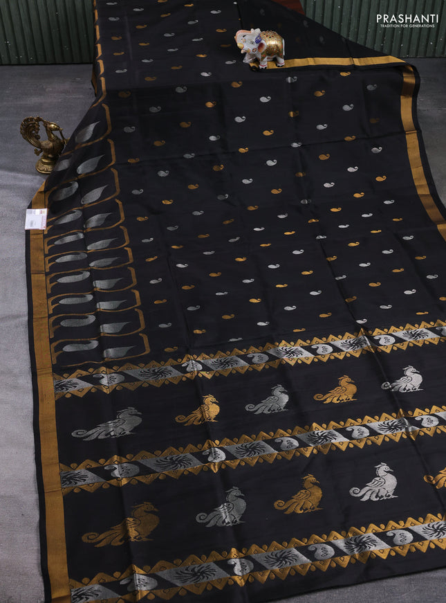 Pure uppada silk saree black with allover silver & gold zari woven paisley buttas and zari woven border