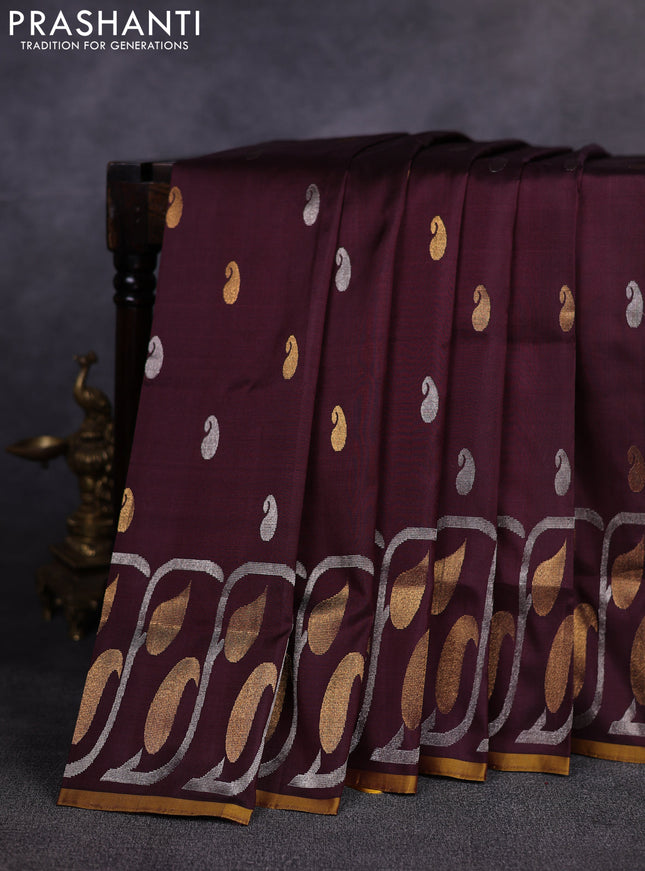 Pure uppada silk saree coffee brown and mustard yellow with allover silver & gold zari woven paisley buttas and zari woven border