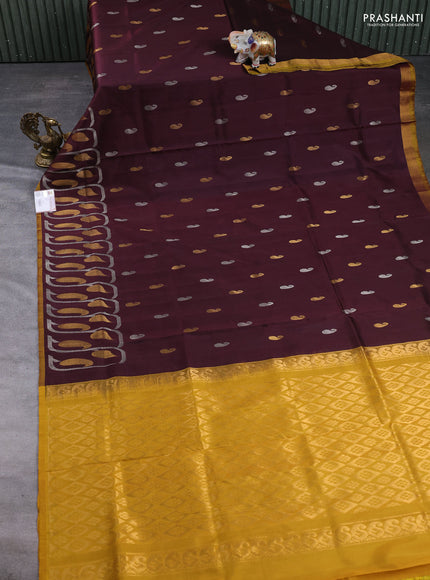 Pure uppada silk saree coffee brown and mustard yellow with allover silver & gold zari woven paisley buttas and zari woven border
