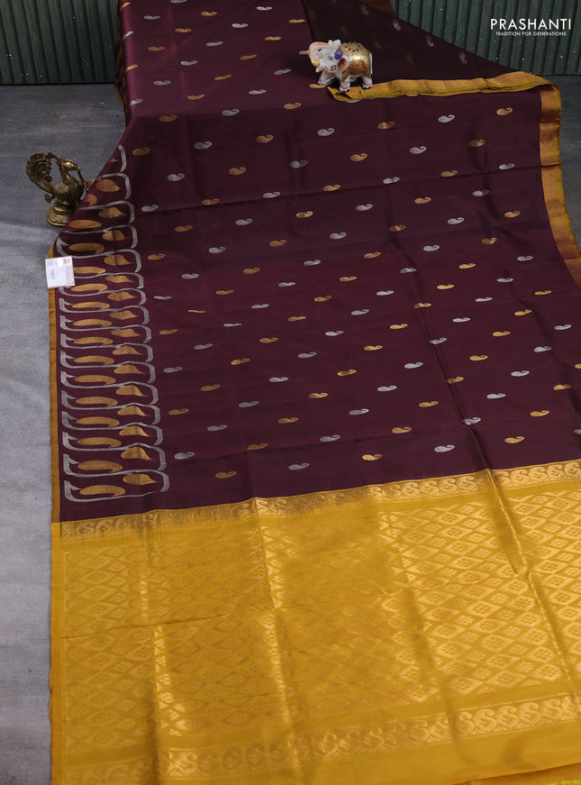 Pure uppada silk saree coffee brown and mustard yellow with allover silver & gold zari woven paisley buttas and zari woven border