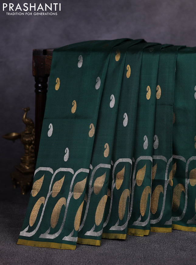 Pure uppada silk saree green and mustard yellow with allover silver & gold zari woven paisley buttas and zari woven border