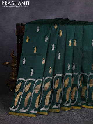 Pure uppada silk saree green and mustard yellow with allover silver & gold zari woven paisley buttas and zari woven border