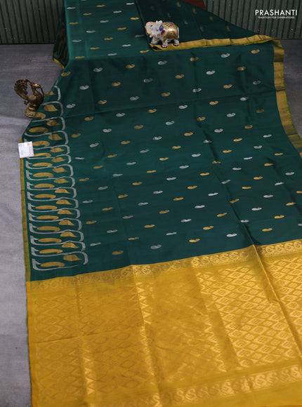 Pure uppada silk saree green and mustard yellow with allover silver & gold zari woven paisley buttas and zari woven border