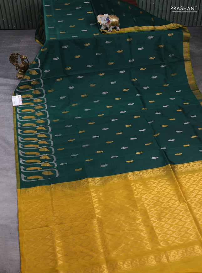 Pure uppada silk saree green and mustard yellow with allover silver & gold zari woven paisley buttas and zari woven border