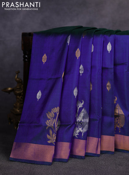Pure uppada silk saree dual shade of bluish green with allover silver & gold zari woven buttas and zari woven border