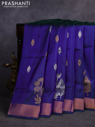 Pure uppada silk saree dual shade of bluish green with allover silver & gold zari woven buttas and zari woven border