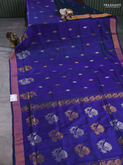 Pure uppada silk saree dual shade of bluish green with allover silver & gold zari woven buttas and zari woven border