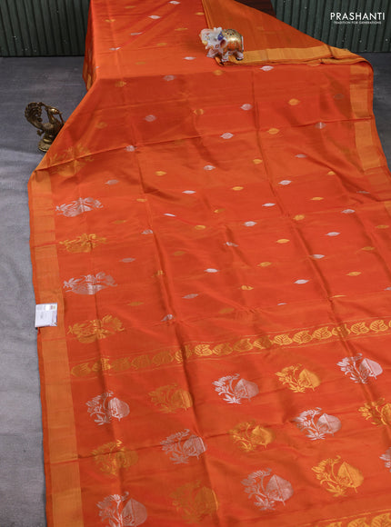 Pure uppada silk saree orange with allover silver & gold zari woven buttas and zari woven border