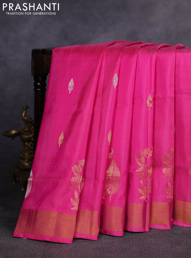 Pure uppada silk saree pink with allover silver & gold zari woven buttas and zari woven border