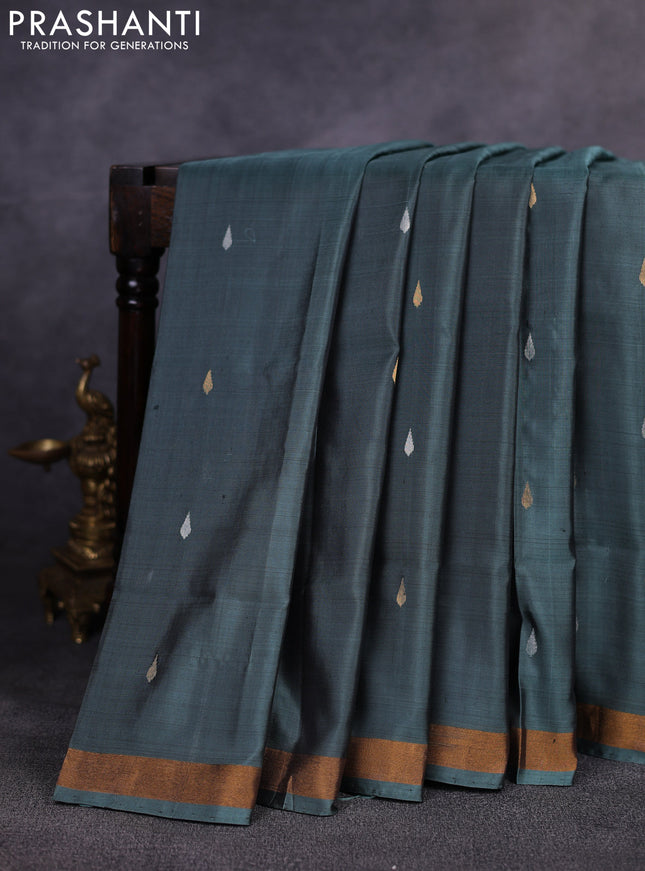 Pure uppada silk saree greyish green with allover silver & gold zari woven buttas and zari woven border