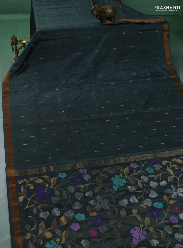 Pure uppada silk saree greyish green with allover silver & gold zari woven buttas and zari woven border