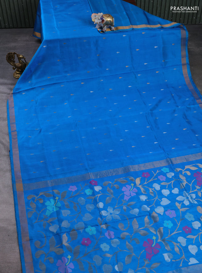 Pure uppada silk saree cs blue with allover silver & gold zari woven buttas and zari woven border