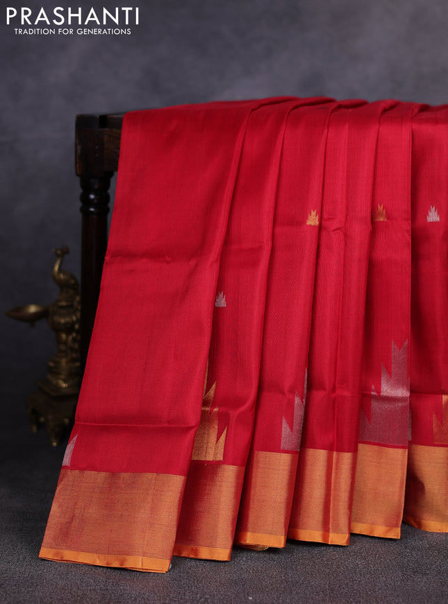 Pure uppada silk saree red and mustard yellow with allover silver & gold zari woven buttas and temple design zari woven border