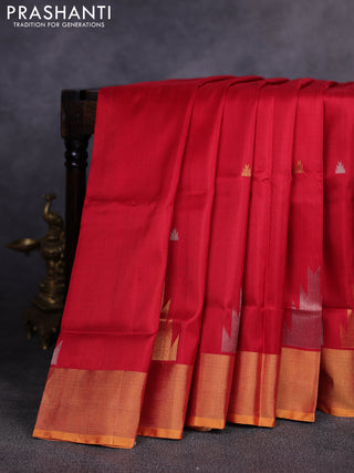 Pure uppada silk saree red and mustard yellow with allover silver & gold zari woven buttas and temple design zari woven border