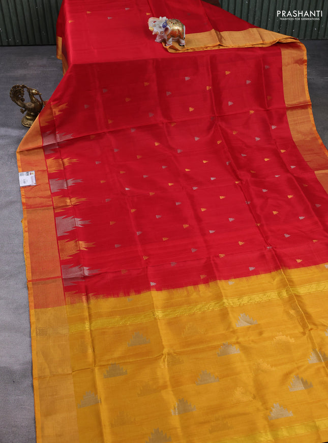 Pure uppada silk saree red and mustard yellow with allover silver & gold zari woven buttas and temple design zari woven border
