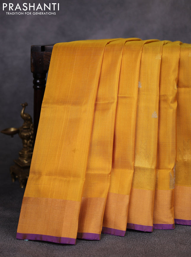 Pure uppada silk saree mustard yellow and violet with allover silver & gold zari woven buttas and temple design zari woven border
