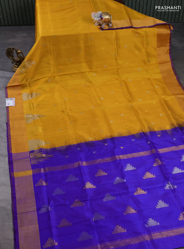 Pure uppada silk saree mustard yellow and violet with allover silver & gold zari woven buttas and temple design zari woven border