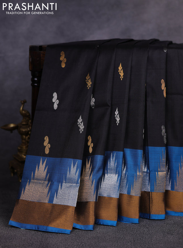 Pure uppada silk saree black and cs blue with allover silver & gold zari woven buttas and temple design zari woven border