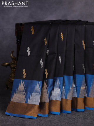 Pure uppada silk saree black and cs blue with allover silver & gold zari woven buttas and temple design zari woven border