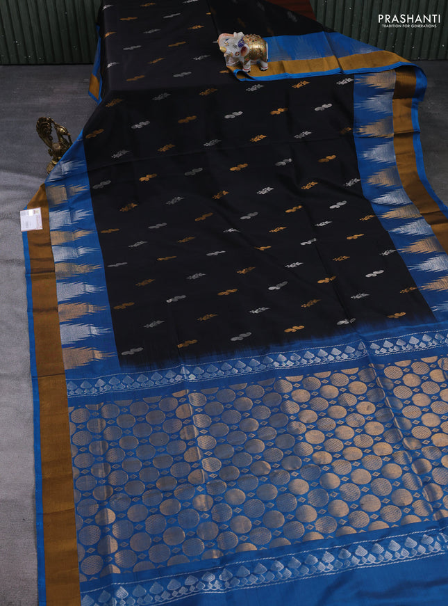 Pure uppada silk saree black and cs blue with allover silver & gold zari woven buttas and temple design zari woven border