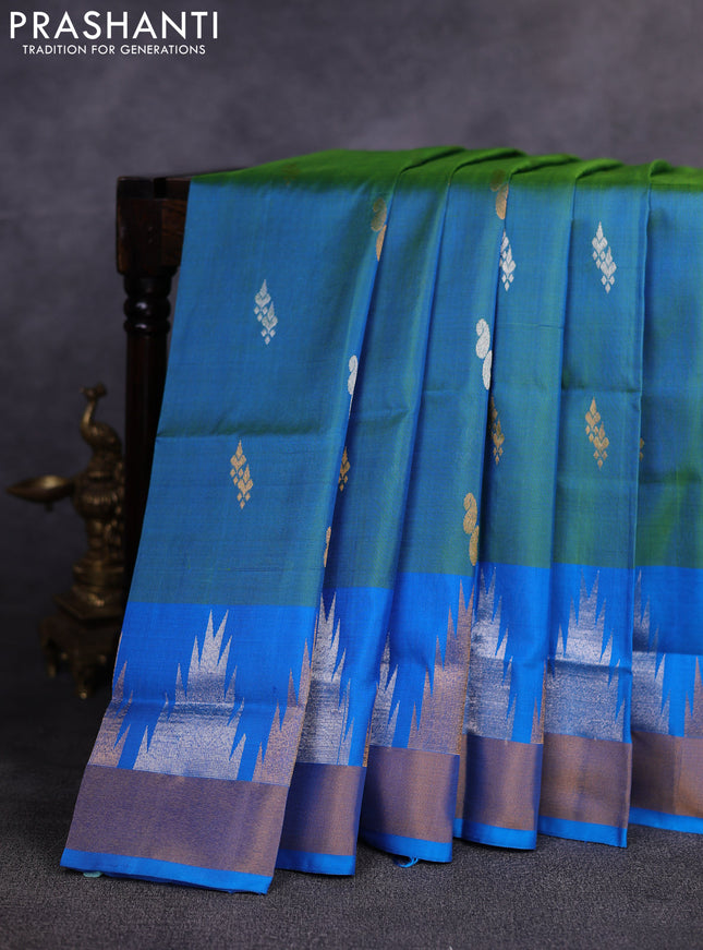Pure uppada silk saree dual shade of greenish blue and cs blue with allover silver & gold zari woven buttas and temple design zari woven border