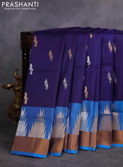 Pure uppada silk saree navy blue and cs blue with allover silver & gold zari woven buttas and temple design zari woven border
