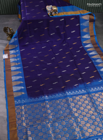 Pure uppada silk saree navy blue and cs blue with allover silver & gold zari woven buttas and temple design zari woven border