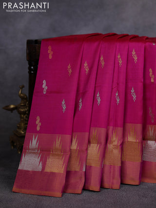 Pure uppada silk saree pink and dual shade of mustard yellow with allover silver & gold zari woven buttas and temple design zari woven border