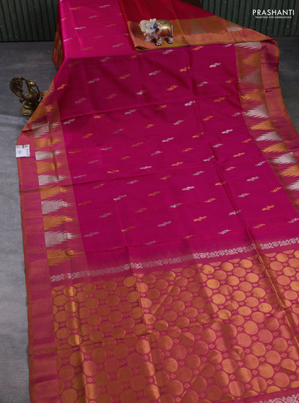 Pure uppada silk saree pink and dual shade of mustard yellow with allover silver & gold zari woven buttas and temple design zari woven border