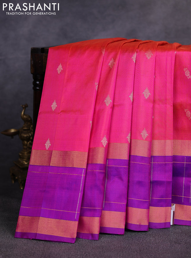 Pure uppada silk saree candy pink and purple with allover zari woven buttas and long rettapet zari woven butta border