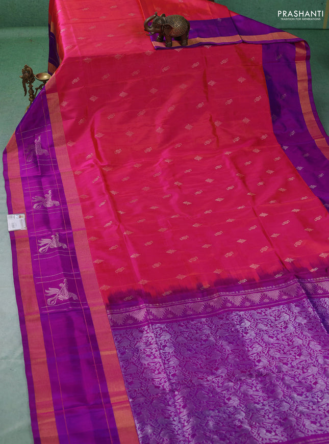 Pure uppada silk saree candy pink and purple with allover zari woven buttas and long rettapet zari woven butta border