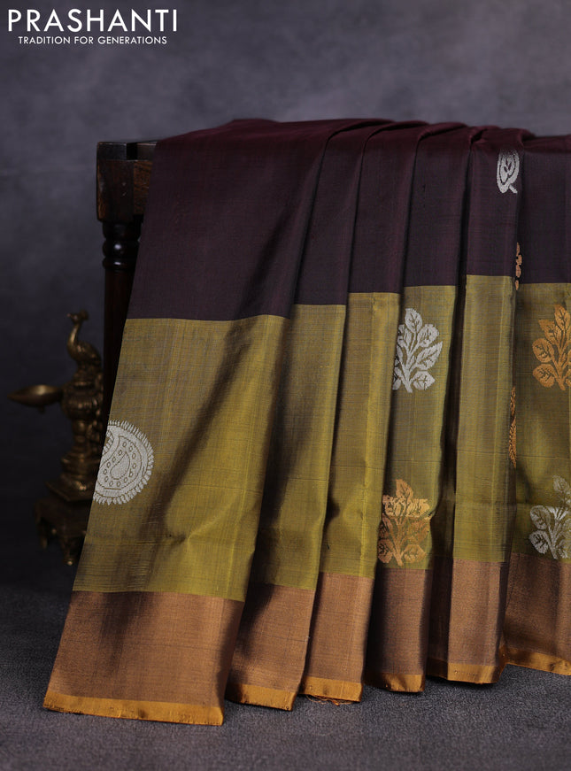Pure uppada silk saree coffee brown and light green with allover silver & gold zari woven buttas and long zari woven butta border