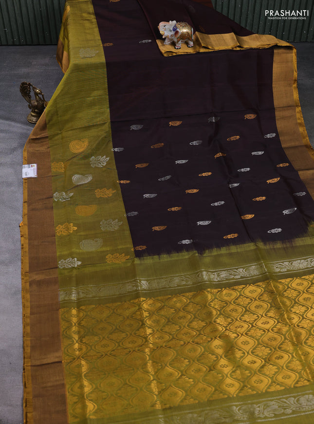Pure uppada silk saree coffee brown and light green with allover silver & gold zari woven buttas and long zari woven butta border