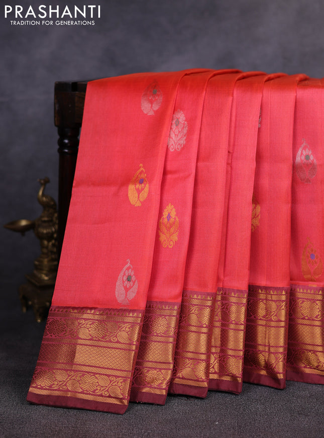 Pure uppada silk saree peach pink and coffee brown with allover silver & gold zari woven buttas and temple design zari woven border