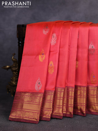 Pure uppada silk saree peach pink and coffee brown with allover silver & gold zari woven buttas and temple design zari woven border