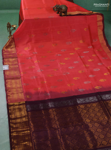 Pure uppada silk saree peach pink and coffee brown with allover silver & gold zari woven buttas and temple design zari woven border