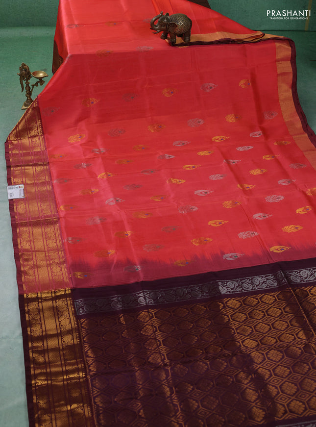 Pure uppada silk saree peach pink and coffee brown with allover silver & gold zari woven buttas and temple design zari woven border