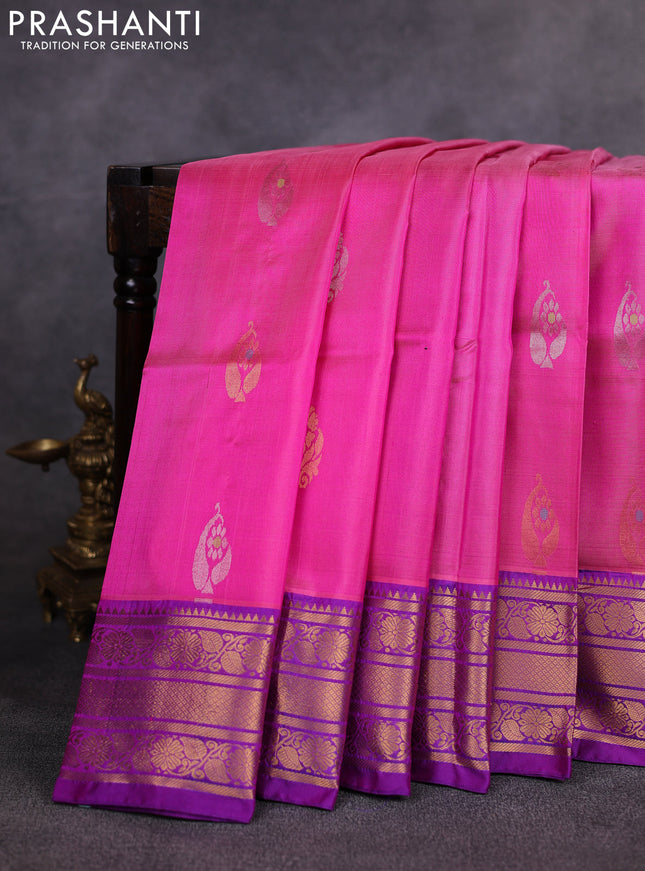 Pure uppada silk saree pink and royal blue with allover silver & gold zari woven buttas and zari woven border