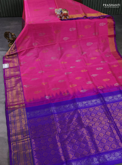 Pure uppada silk saree pink and royal blue with allover silver & gold zari woven buttas and zari woven border