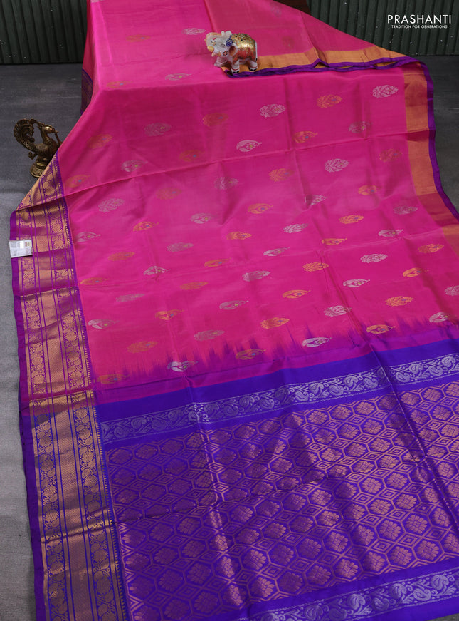Pure uppada silk saree pink and royal blue with allover silver & gold zari woven buttas and zari woven border