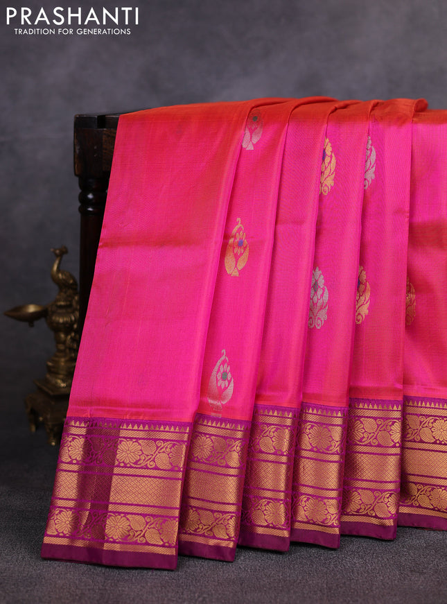 Pure uppada silk saree dual shade of pink and coffee brown with allover silver & gold zari woven buttas and zari woven border