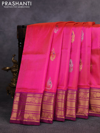 Pure uppada silk saree dual shade of pink and coffee brown with allover silver & gold zari woven buttas and zari woven border