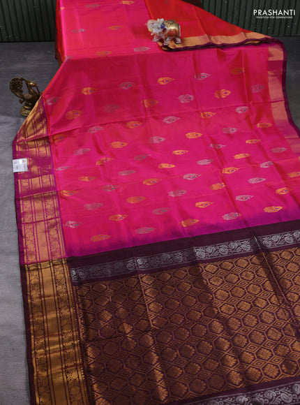 Pure uppada silk saree dual shade of pink and coffee brown with allover silver & gold zari woven buttas and zari woven border