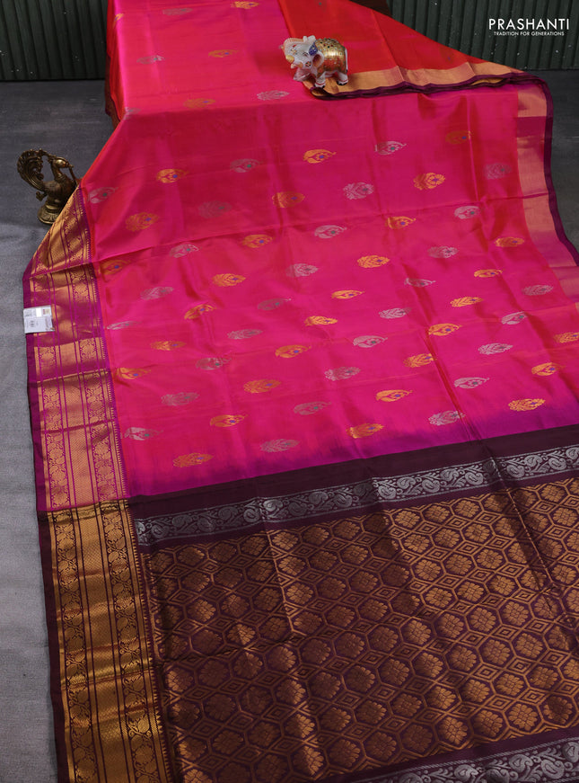 Pure uppada silk saree dual shade of pink and coffee brown with allover silver & gold zari woven buttas and zari woven border