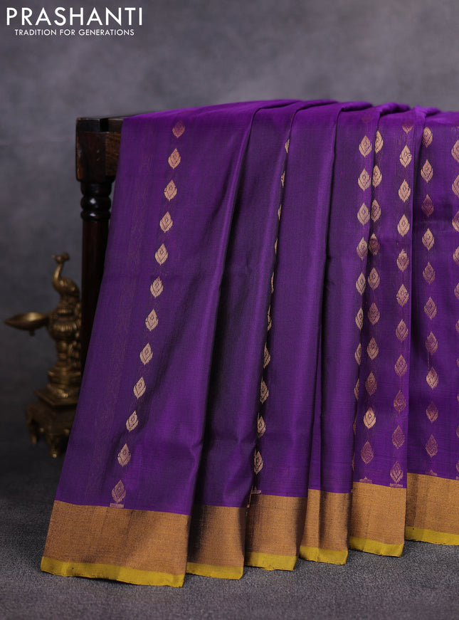 Pure uppada silk saree purple and mustard yellow with allover zari woven buttas and zari woven border