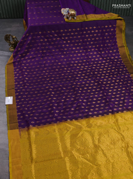 Pure uppada silk saree purple and mustard yellow with allover zari woven buttas and zari woven border