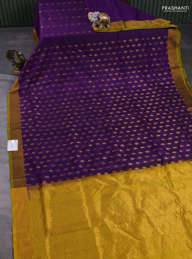 Pure uppada silk saree purple and mustard yellow with allover zari woven buttas and zari woven border