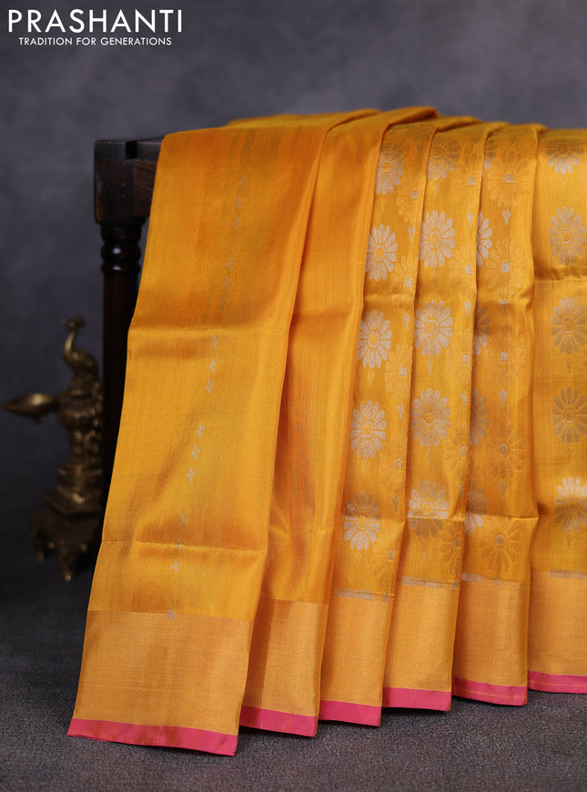 Pure uppada silk saree mustard yellow and pink with allover silver & gold zari woven buttas and zari woven border